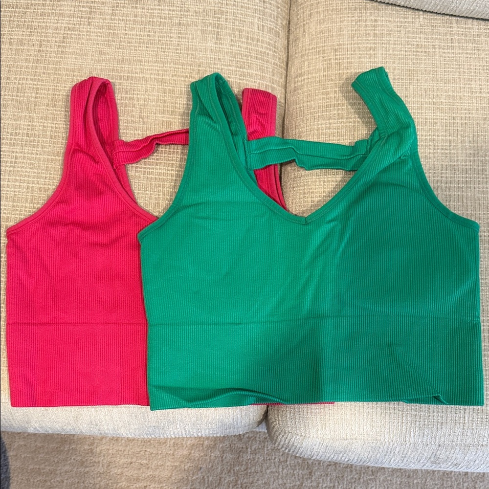 Pink and Green Ribbed Crop Tops